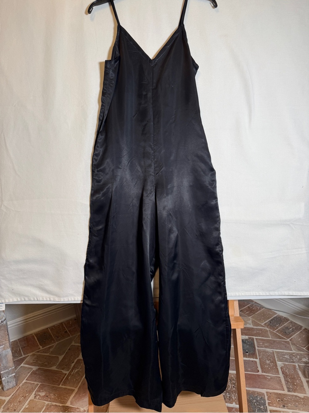 Athleta Calm Cool Black Satin V-Neck Wide-Leg Jumpsuit with Pockets